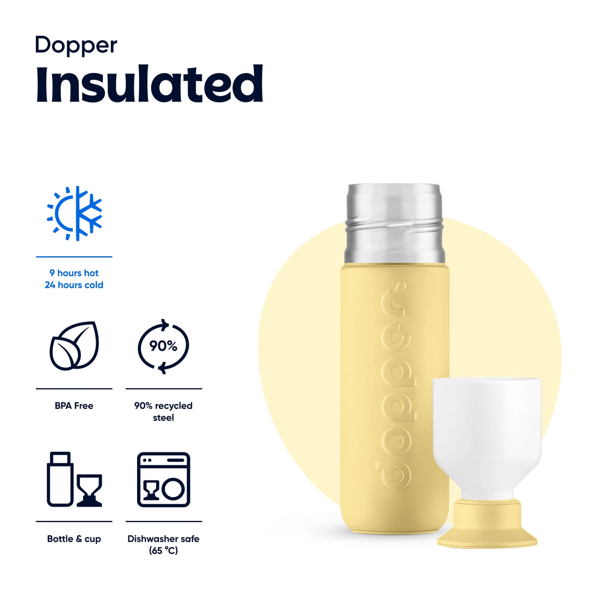Insulated Bottle 350 ml Maple Yellow (yellow) - front view with a separate cup and the properties thermos, BPA free, 90% recycled steel, bottle and cup and dishwasher safe