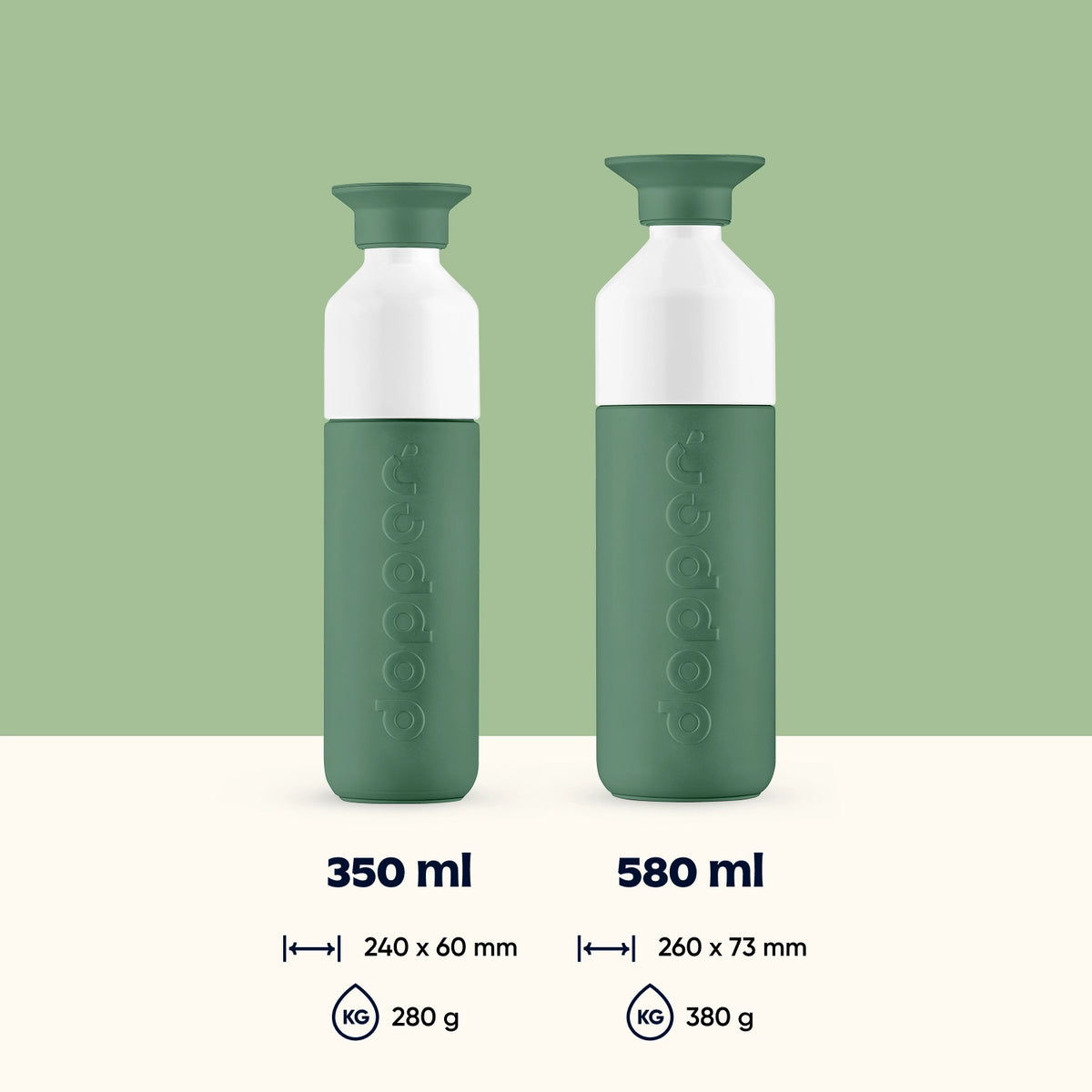 Insulated Bottle 350 ml Pine Green (green) - beside the 580 ml with capacity, dimensions and weight shown