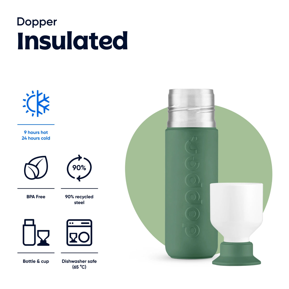 Insulated Bottle 350 ml Pine Green (green) - front view with the cap as a cup and the properties thermos, BPA free, 90% recycled steel, bottle and cup and dishwasher safe