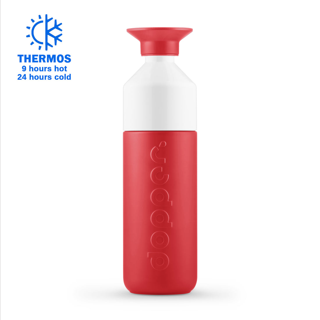 Dopper Insulated large Deep Coral│Thermosfles 580ml Rood│art. 5265│vooraanzicht met Thermos logo