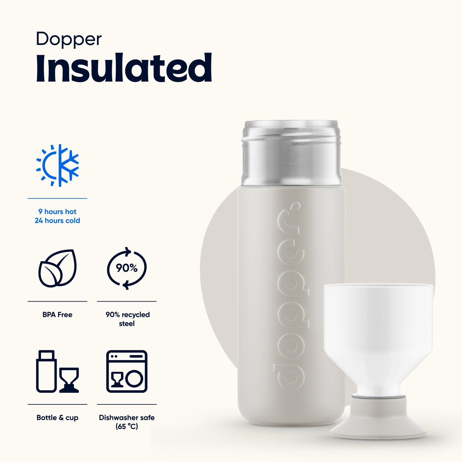 Dopper Insulated Large Gentle Grey│Thermosfles 580ml│art. 5302│eigenschappen