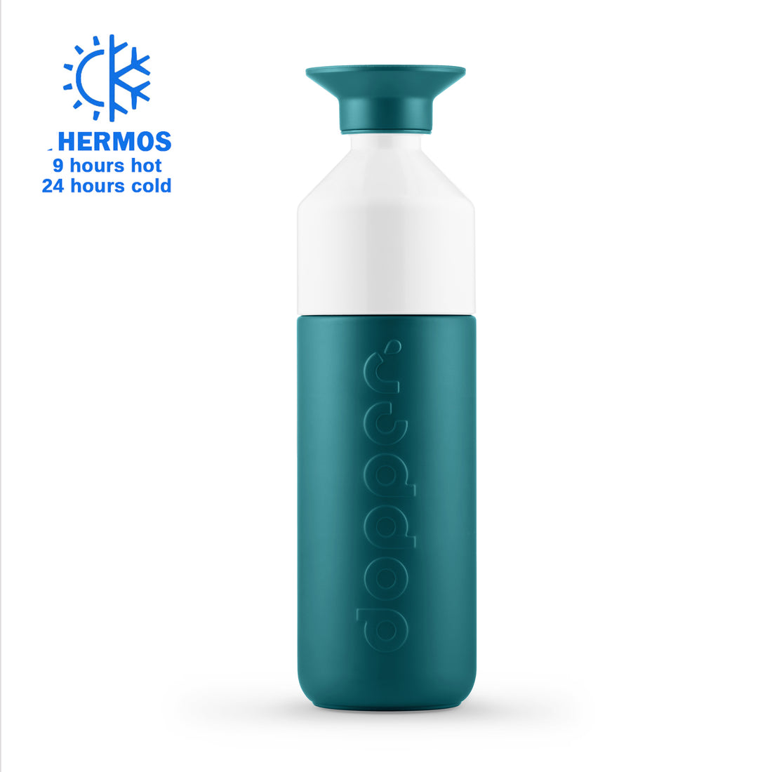Dopper Insulated Large Green Lagoon│Thermosfles 580ml│art. 5236│vooraanzicht met Thermos logo