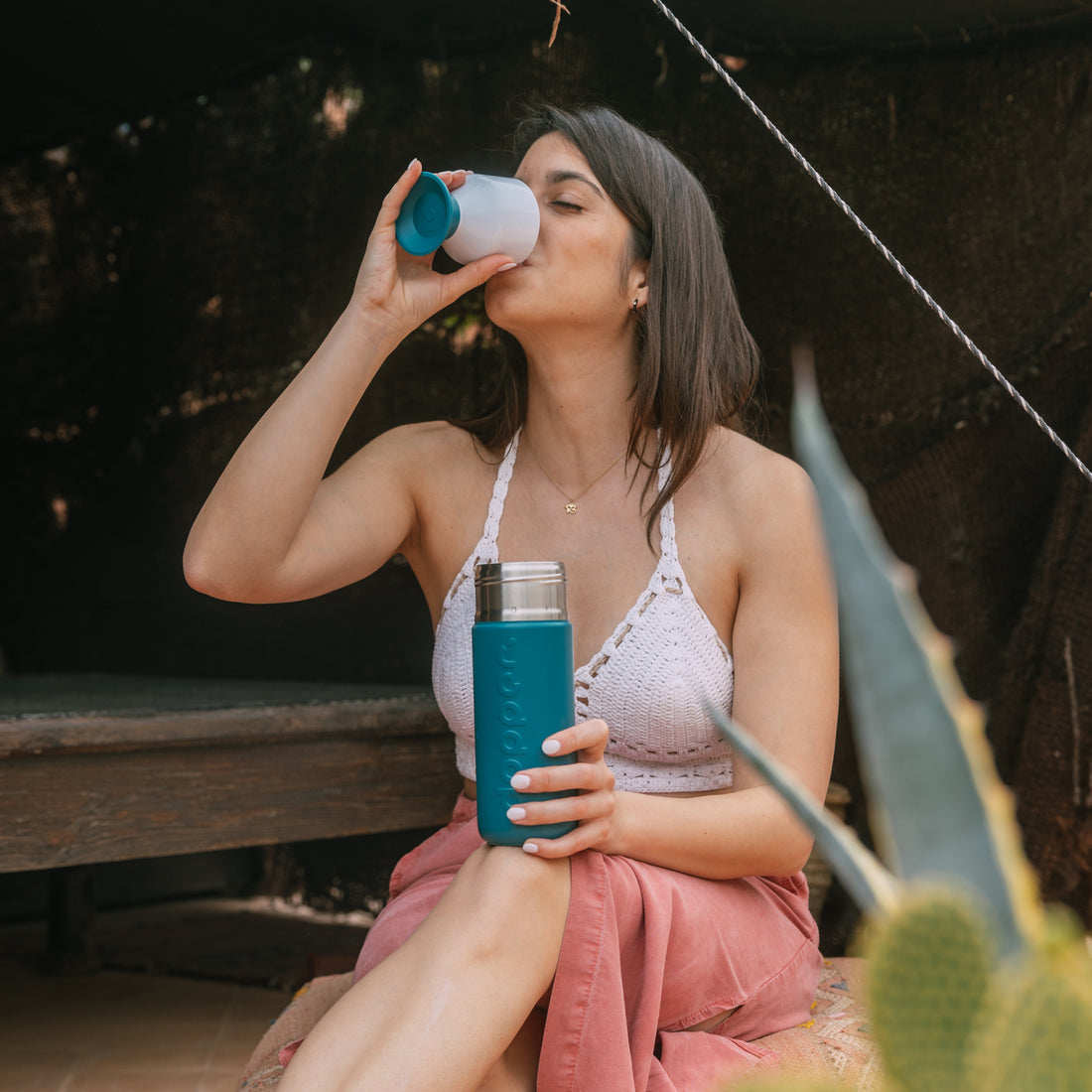 Dopper Insulated Large Green Lagoon│Thermosfles 580ml│art. 5236│vooraanzicht met Thermos logo