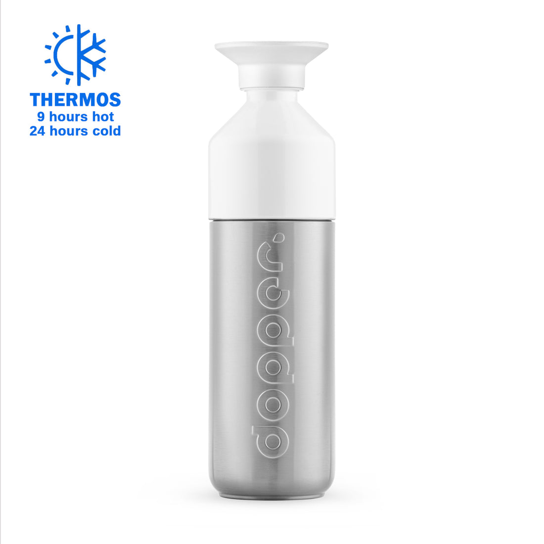 Dopper Insulated large Silver│Thermosfles 580ml│art. 7160│vooraanzicht met Thermos logo