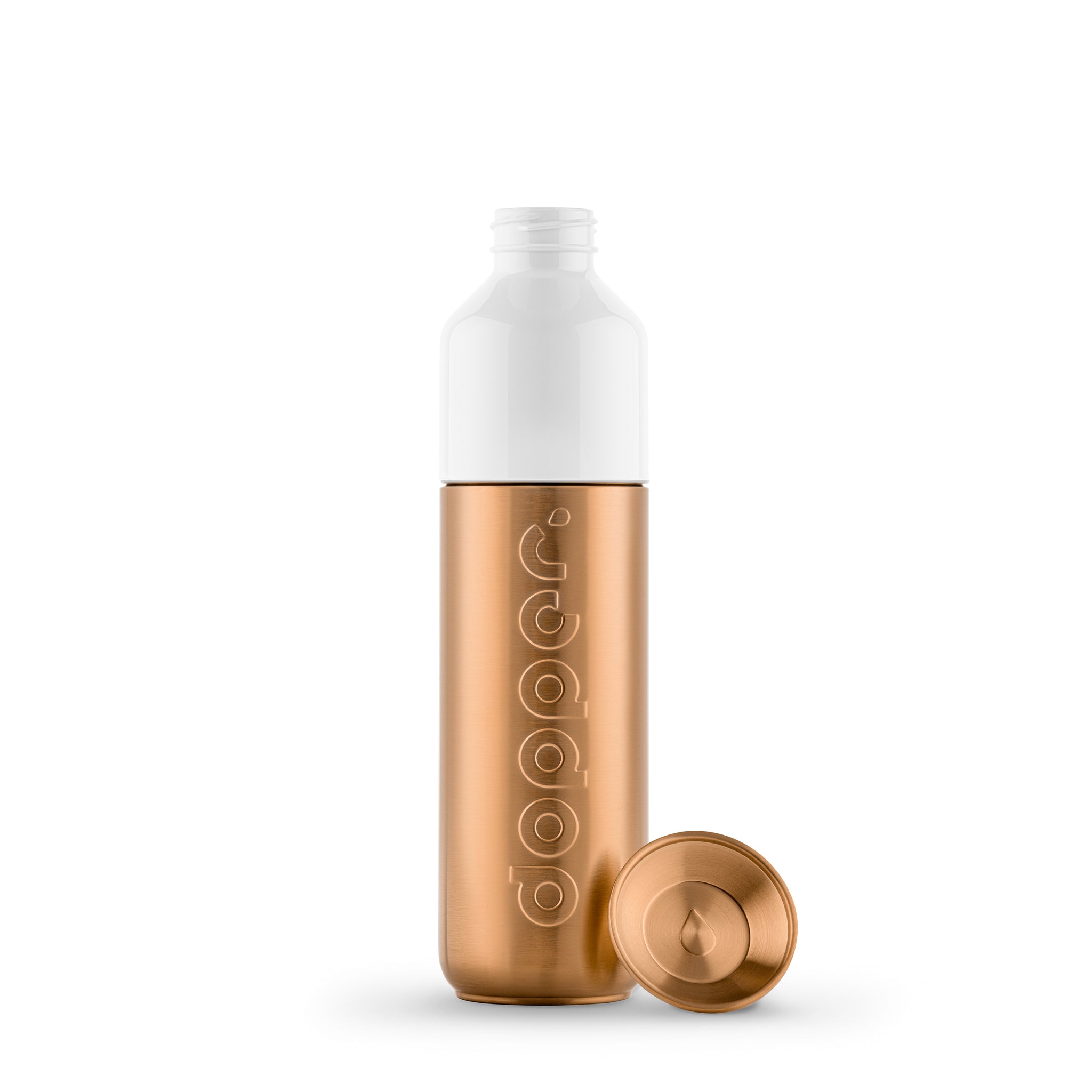 Dopper Steel Limited Edition Bronze│Waterfels 490ml│art. 6194│vooraanzicht met dop los naast fles