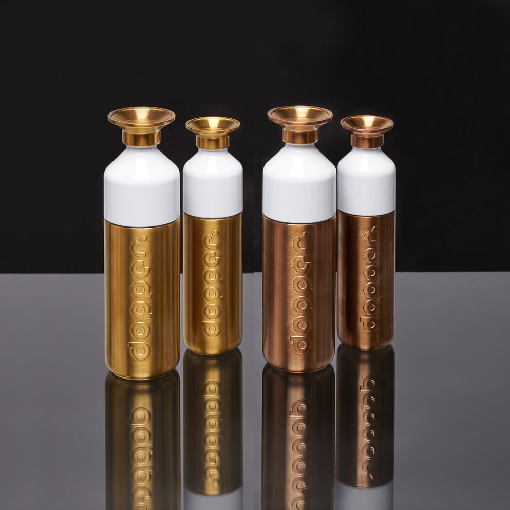 Dopper Steel Limited Edition Gold│Waterfles 800ml│art. 6088│twee maten en kleuren naast elkaar