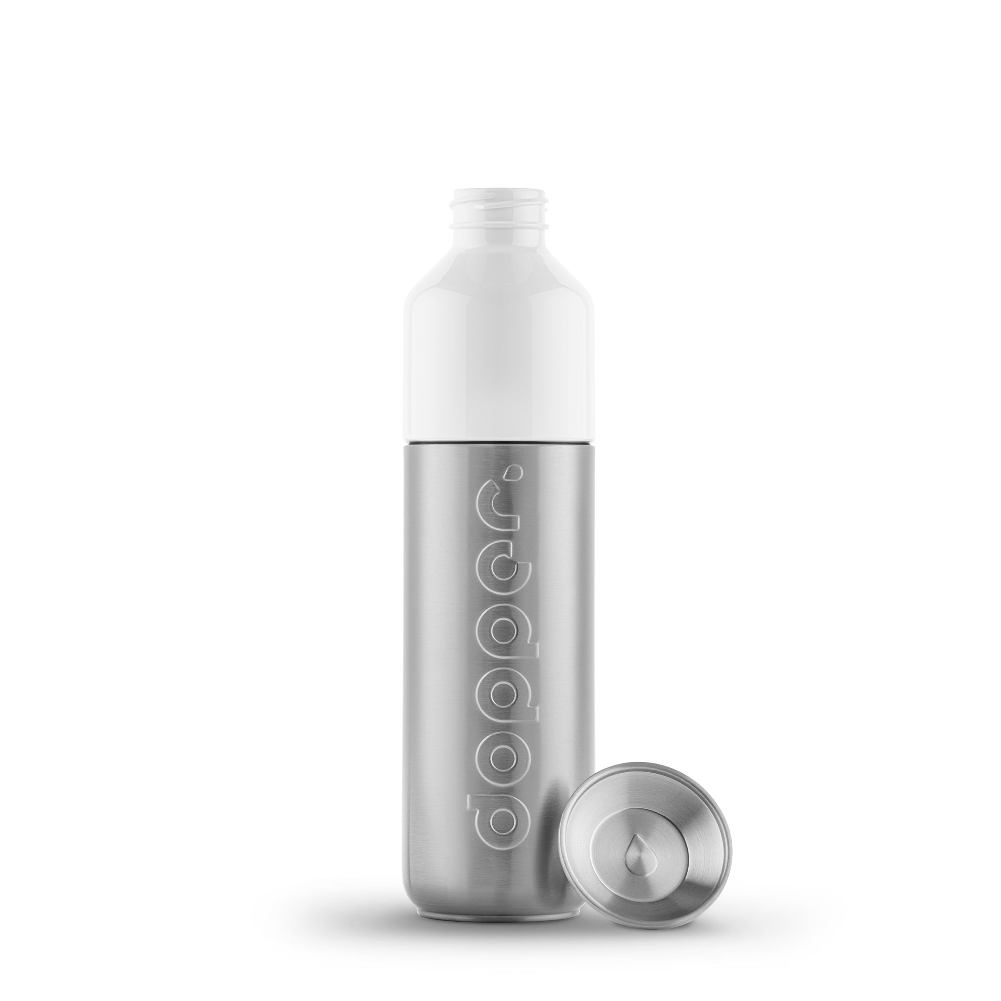 Dopper Limited Edition Steel│Waterfels 490ml│art. 6200│vooraanzicht met dop naast fles