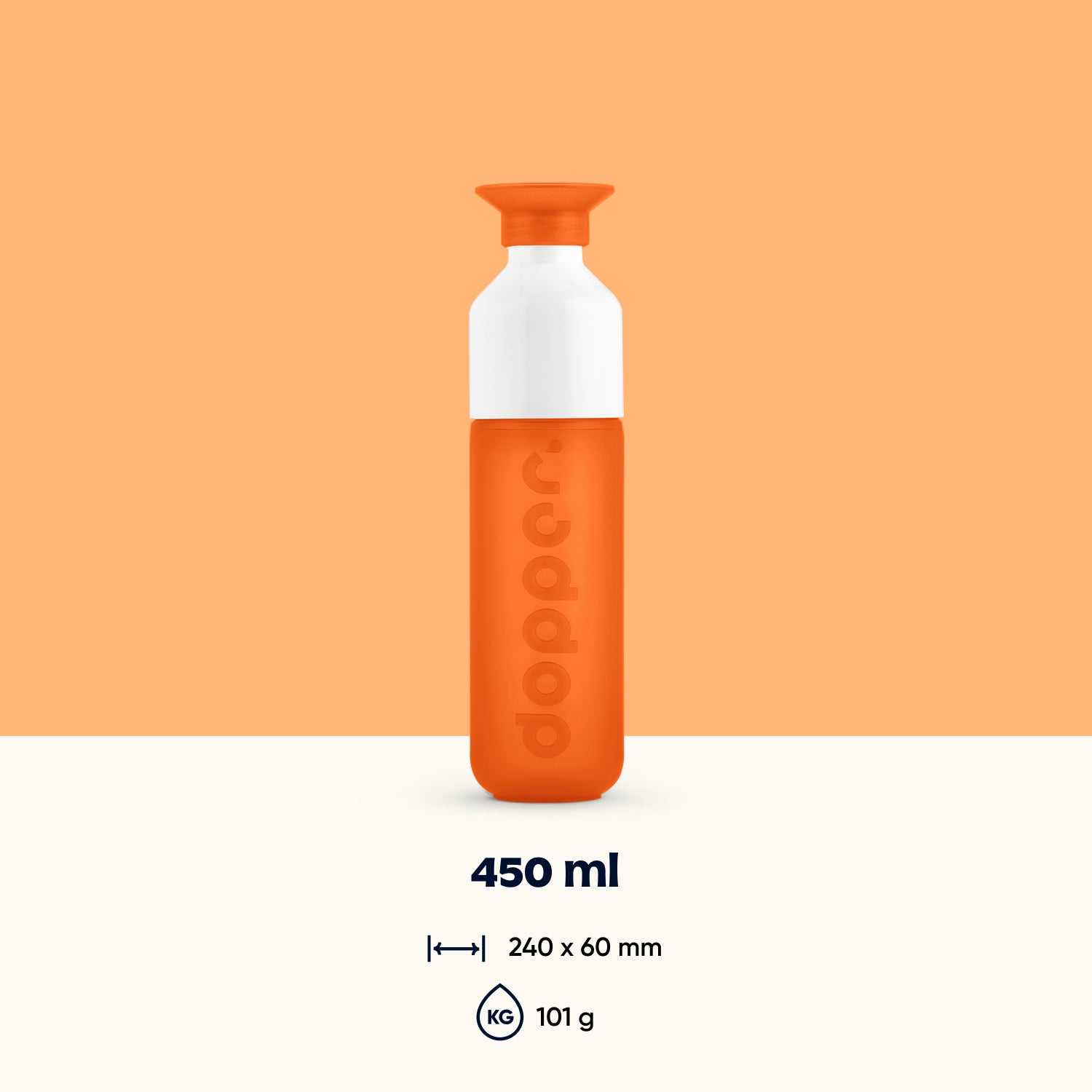 Dopper Original Waterfles Outright Orange (oranje)  - vooraanzicht met oranje en witte achtergrond en vermelding van inhoud, gewicht en afmeting
