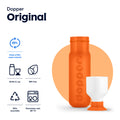 Dopper Original Waterfles Outright Orange (oranje)  - vooraanzicht met vermelding van de eigenschappen zoals materiaal en Dishwasher safe