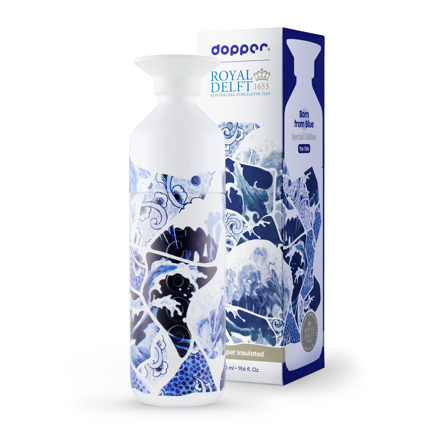 Dopper Insulated Large x Royal Delft The Tide - vooraanzicht met verpakking