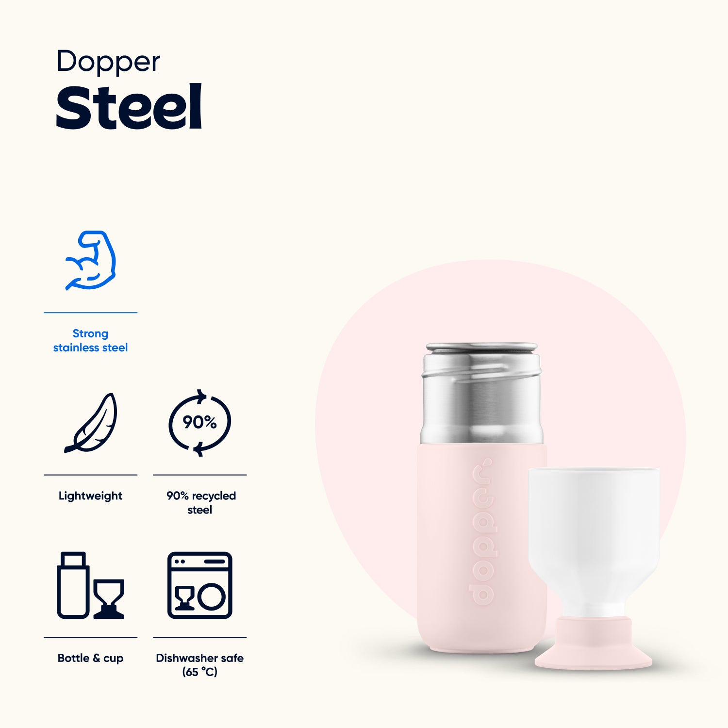Dopper Steel Soft Pink│Waterfles 350 ml│art. 7283│eigenschappen