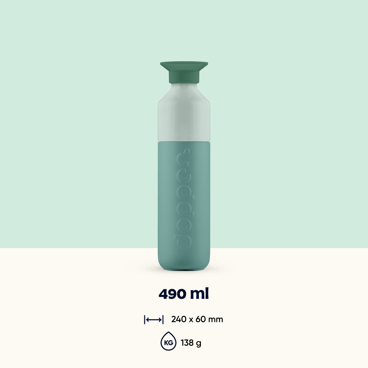 Steel Wasserflasche 490 ml Canopy Green (Grün) - Vorderansicht mit Angabe von Inhalt, Maßen und Gewicht