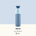 Steel Water Bottle 490 ml Coastal Blue (blue) - front view with capacity, dimensions and weight shown