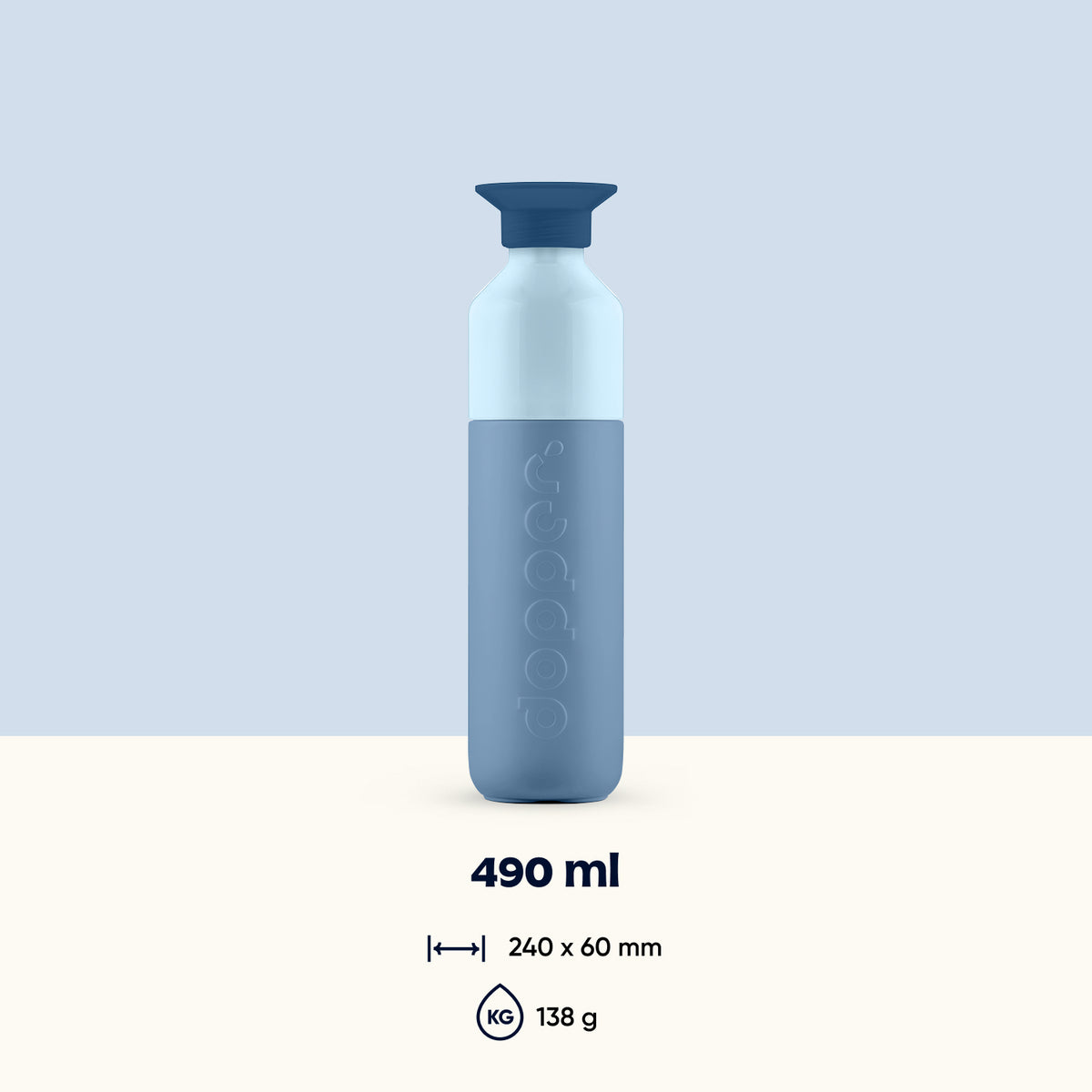 Steel Water Bottle 490 ml Coastal Blue (blue) - front view with capacity, dimensions and weight shown