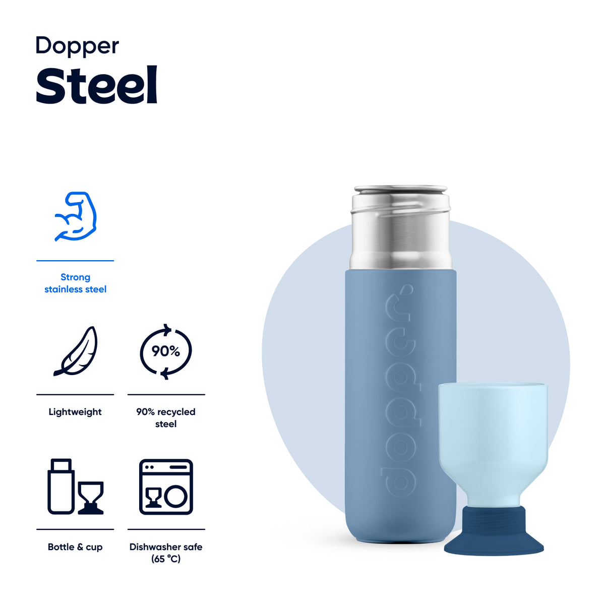Steel Water Bottle 490 ml Coastal Blue (blue) - front view with the properties strong stainless steel, lightweight, 90% recycled steel, bottle and cup and dishwasher safe up to 65 degrees