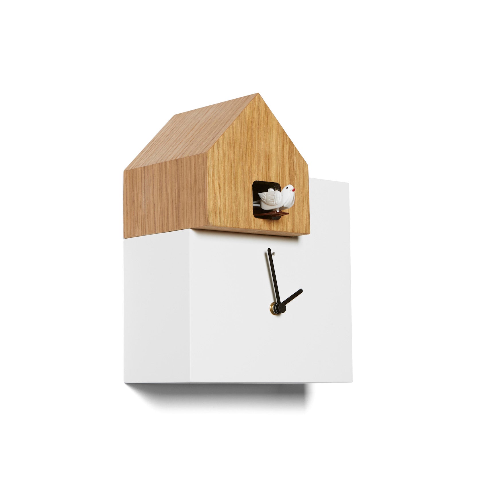 Koekoeksklok Ettore Small Wit & Eiken│art. DIA 2057 WIEI│voorkant schuin met vogeltje naar buiten