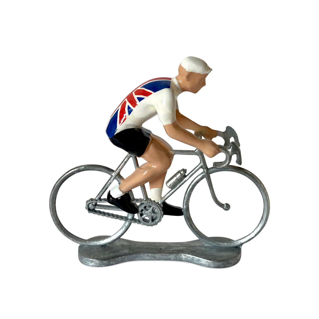 Miniature cyclist in the British jersey by Bernard & Eddy, seen from the side