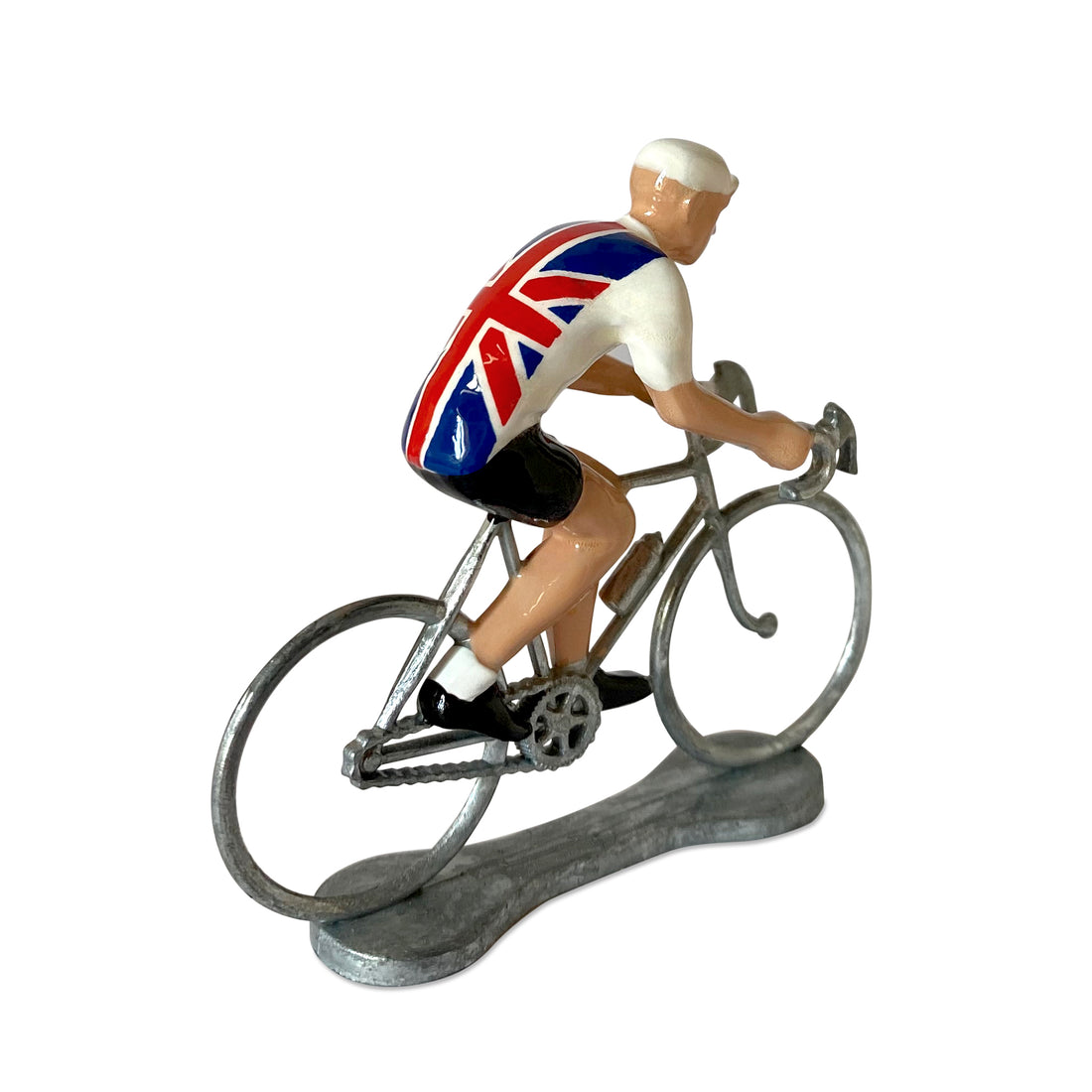 Miniature cyclist in the British jersey by Bernard & Eddy, seen from the side
