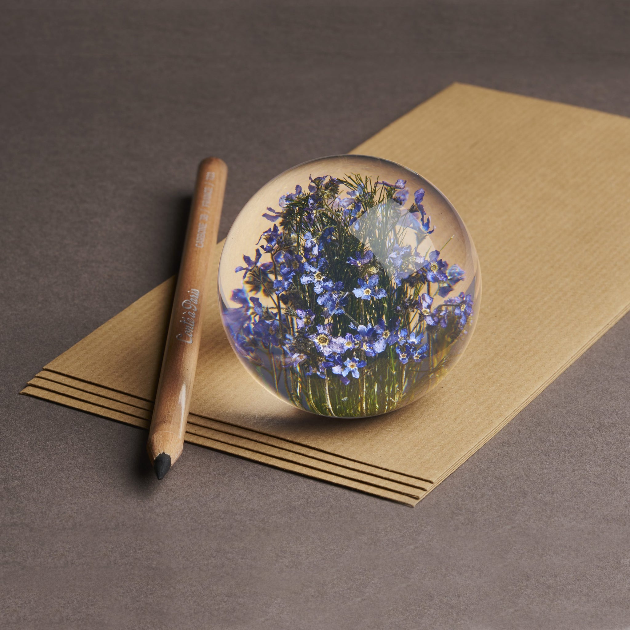 Forget-Me-Not Paperweight│Presse-Papier vergeet-me-nietjes│Hafod Grange│op losse vellen papier naast potlood