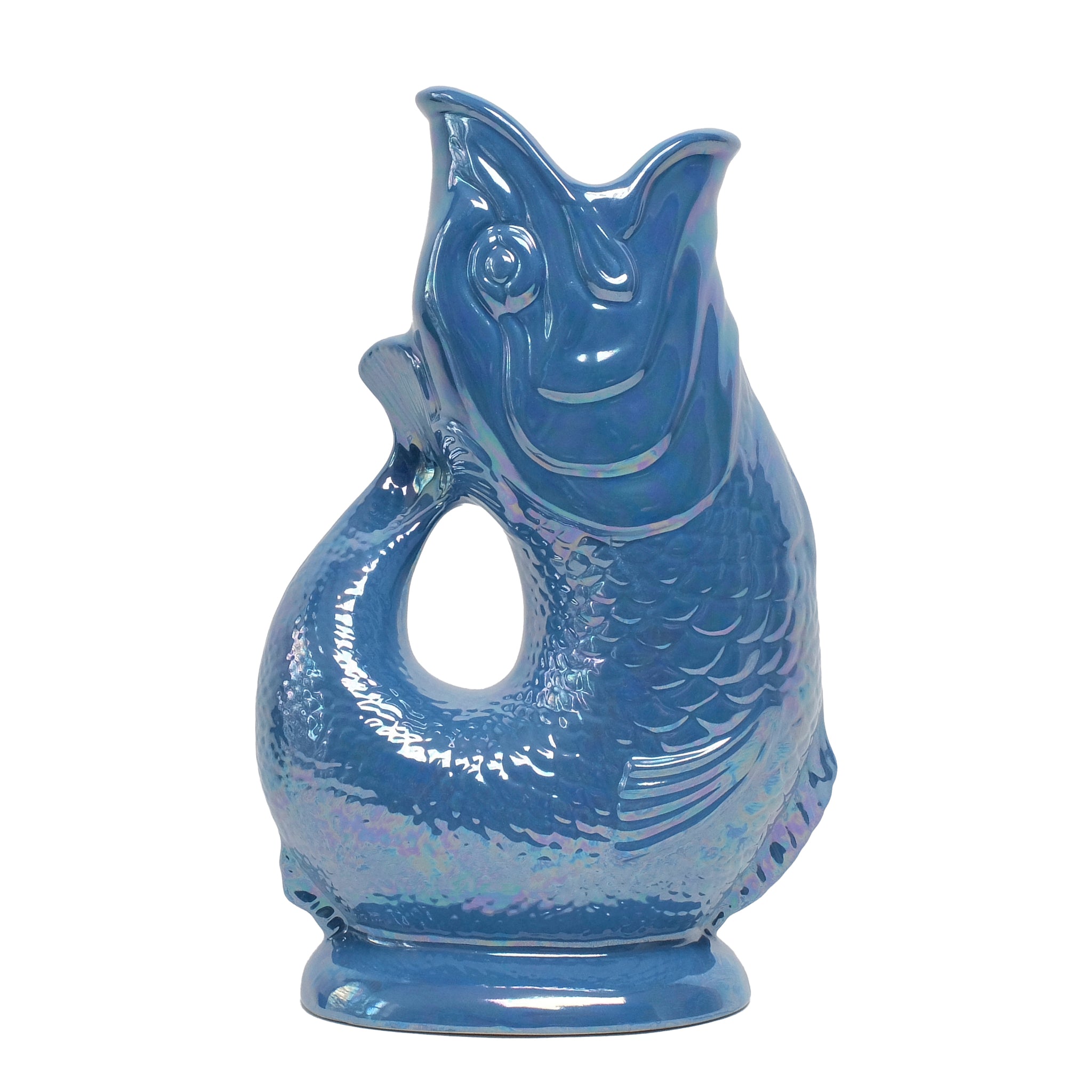 Gluckigluck Waterkaraf Lustre Edition Zeeblauw│Guggle Jug Vis│art. G31155/SBL/W│achterkant witte achtergrond