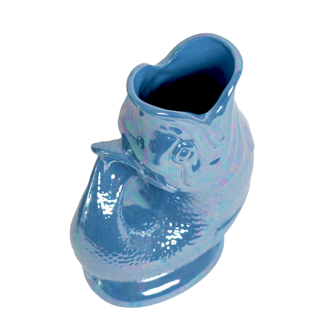 Gluckigluck Wasserkrug Lustre Meerblau in Fischform, Vorderansicht.