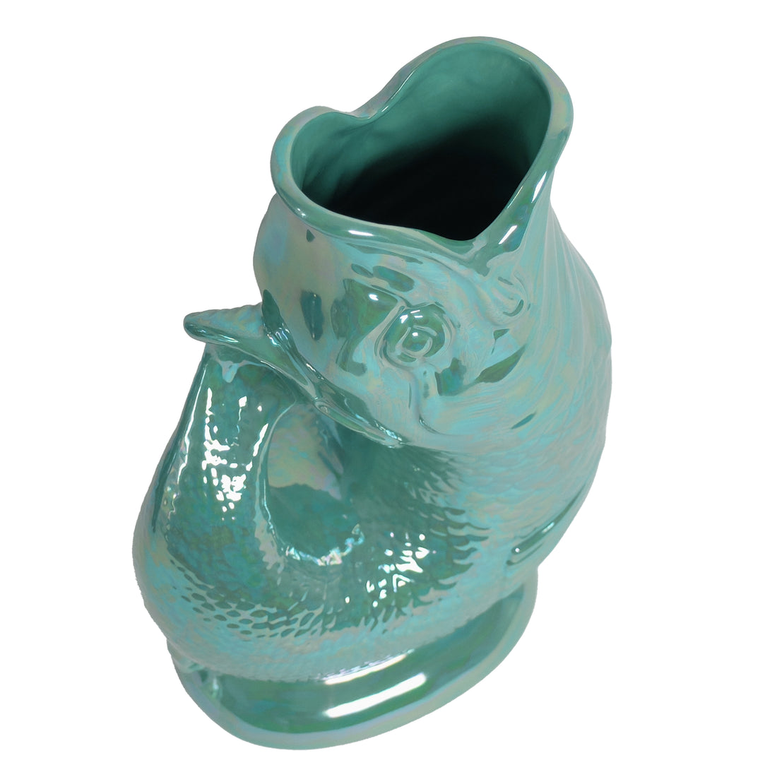 Gluckigluck Wasserkrug Lustre Meergrün in Fischform, Vorderansicht.