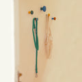 Harbor wall hooks with a shopping bag and a dog lead hanging from them.