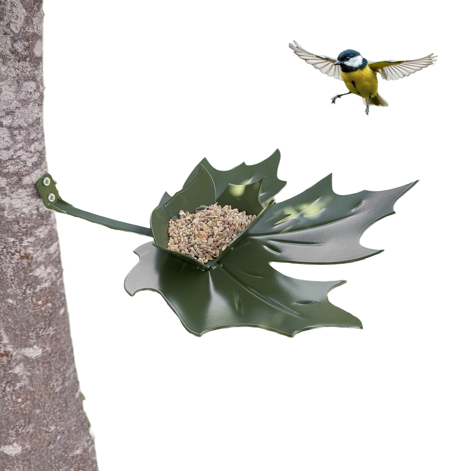 Koolmeesje komt aanvliegen naar Birdfeerder Leaf Me