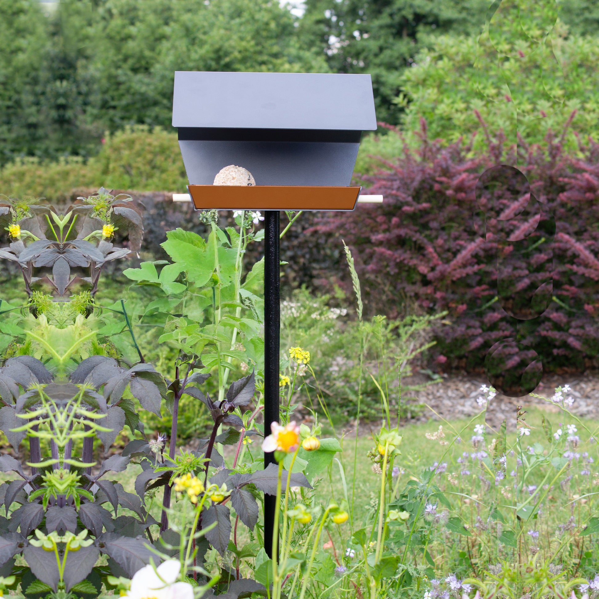 Vogelvoederhuis Open Diamond met Paal in donkergrijs - in tuin met bloemen