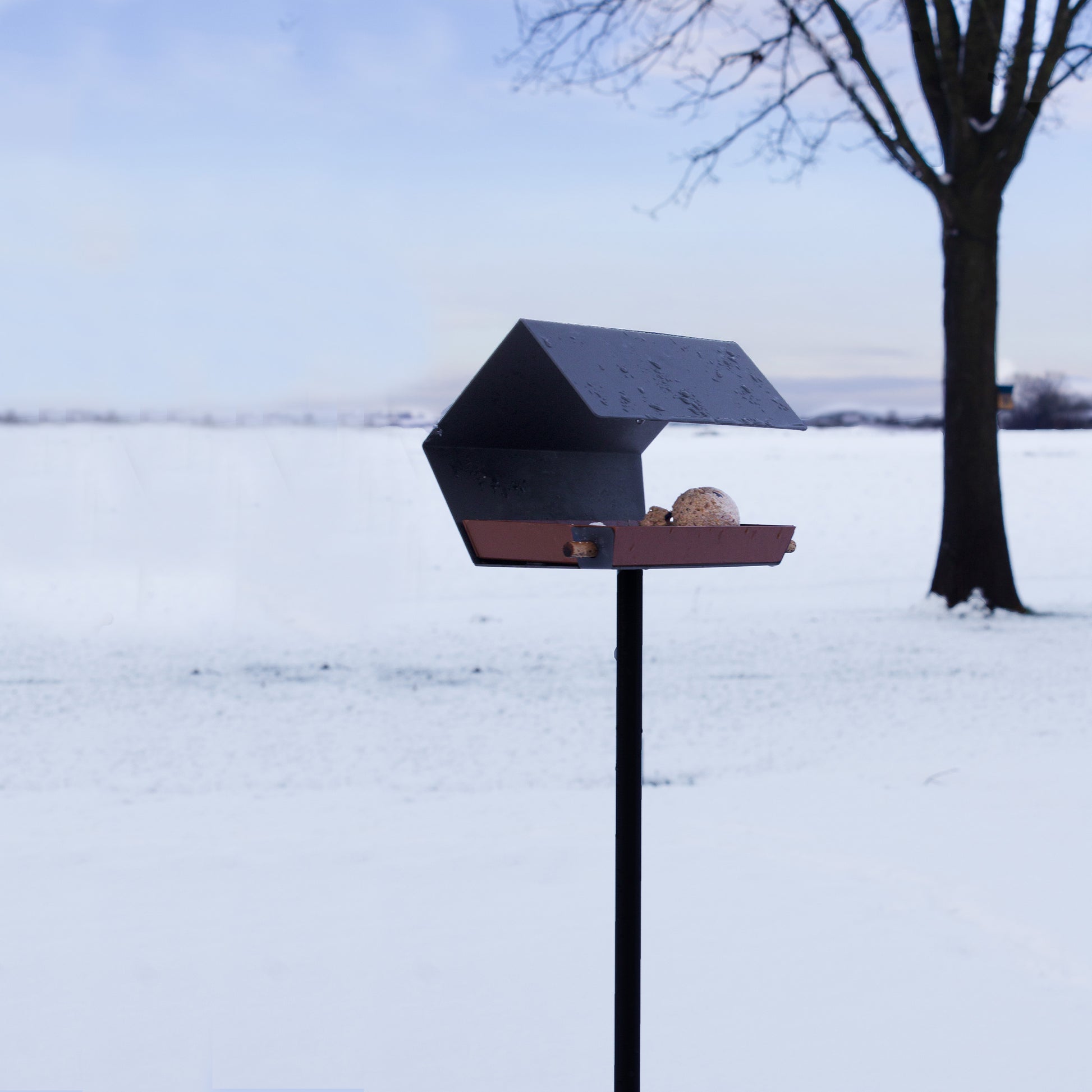 Vogelvoederhuis Open Diamond met Paal in donkergrijs in de sneeuw