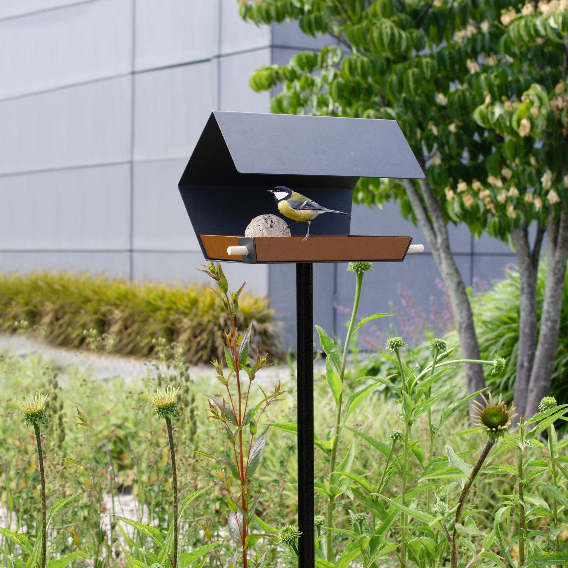 Vogelvoederhuis Open Diamond met Paal in donkergrijs in moderne tuin met koolmeesje 