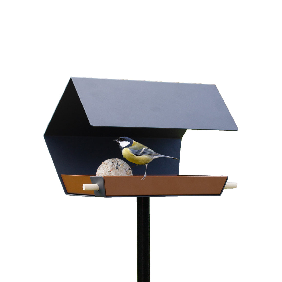 Koolmeesje staat op rand van Vogelvoederhuis Open Diamond met Paal in donkergrijs 