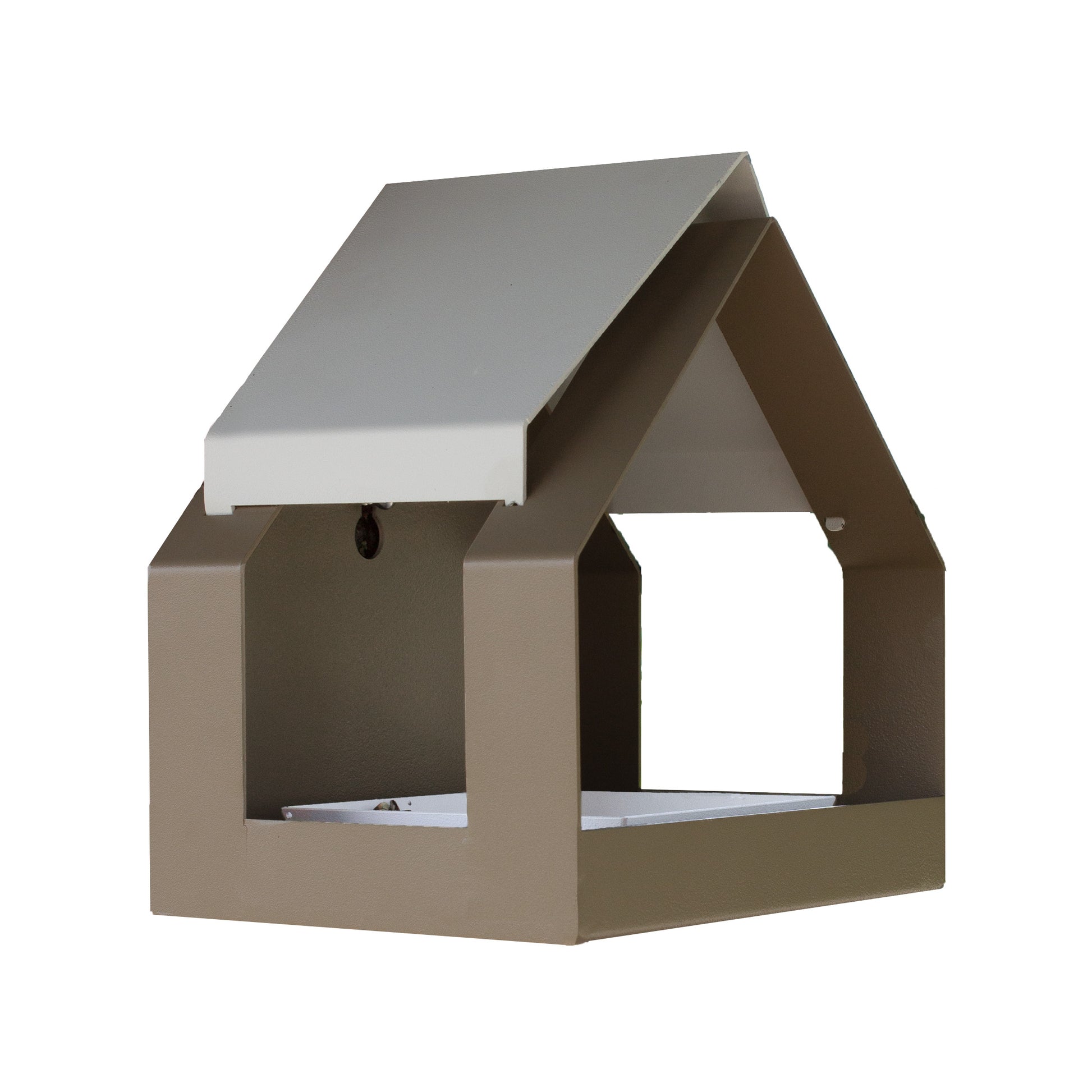 Vogelvoeerhuisje The Barn Beige van Heeej - vooraanzicht schuin met witte achtergrond