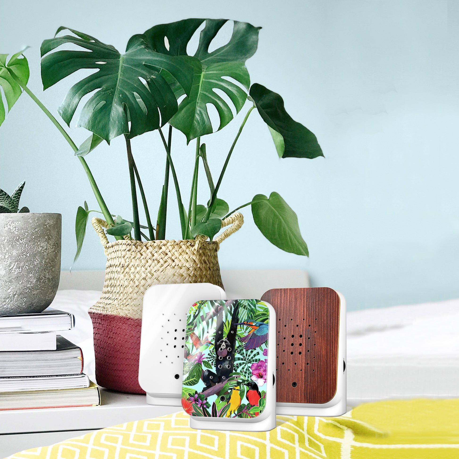 Junglebox Tropic Relaxound│Oerwoudgeluiden│art. 11JGL0701001│3 soortten op handdoek naast planten en stapel boeken