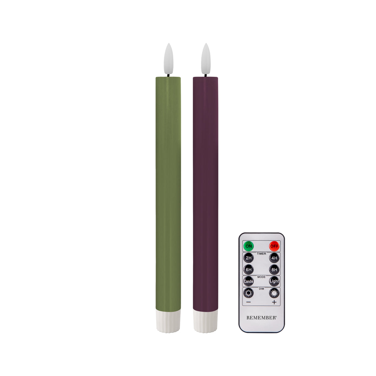 Remember Ruka LED-Stabkerzen 2er-Set | Art. ESK01 | Vorderansicht mit der Fernbedienung auf weißem Hintergrund