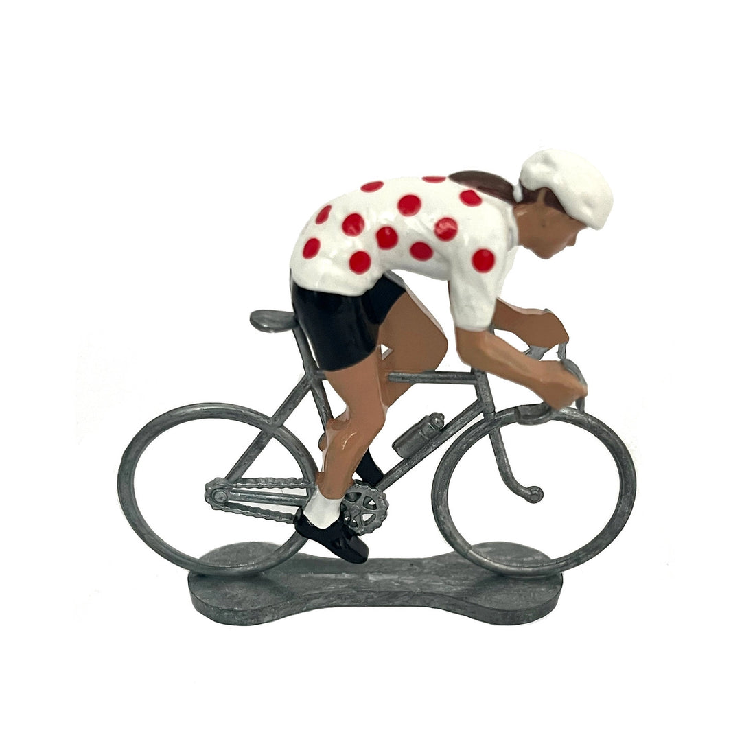 Miniatuur wielrenster in de bolletjestrui van Bernard & Eddy, van opzij