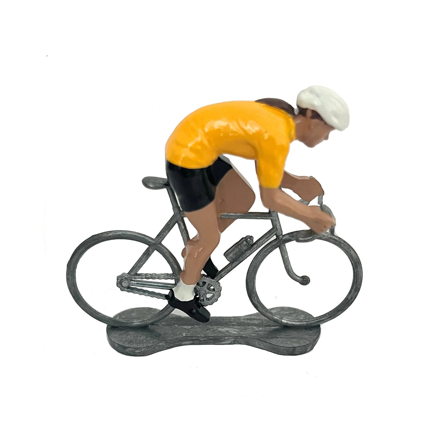 Miniature female cyclist in the yellow jersey by Bernard & Eddy, seen from the side