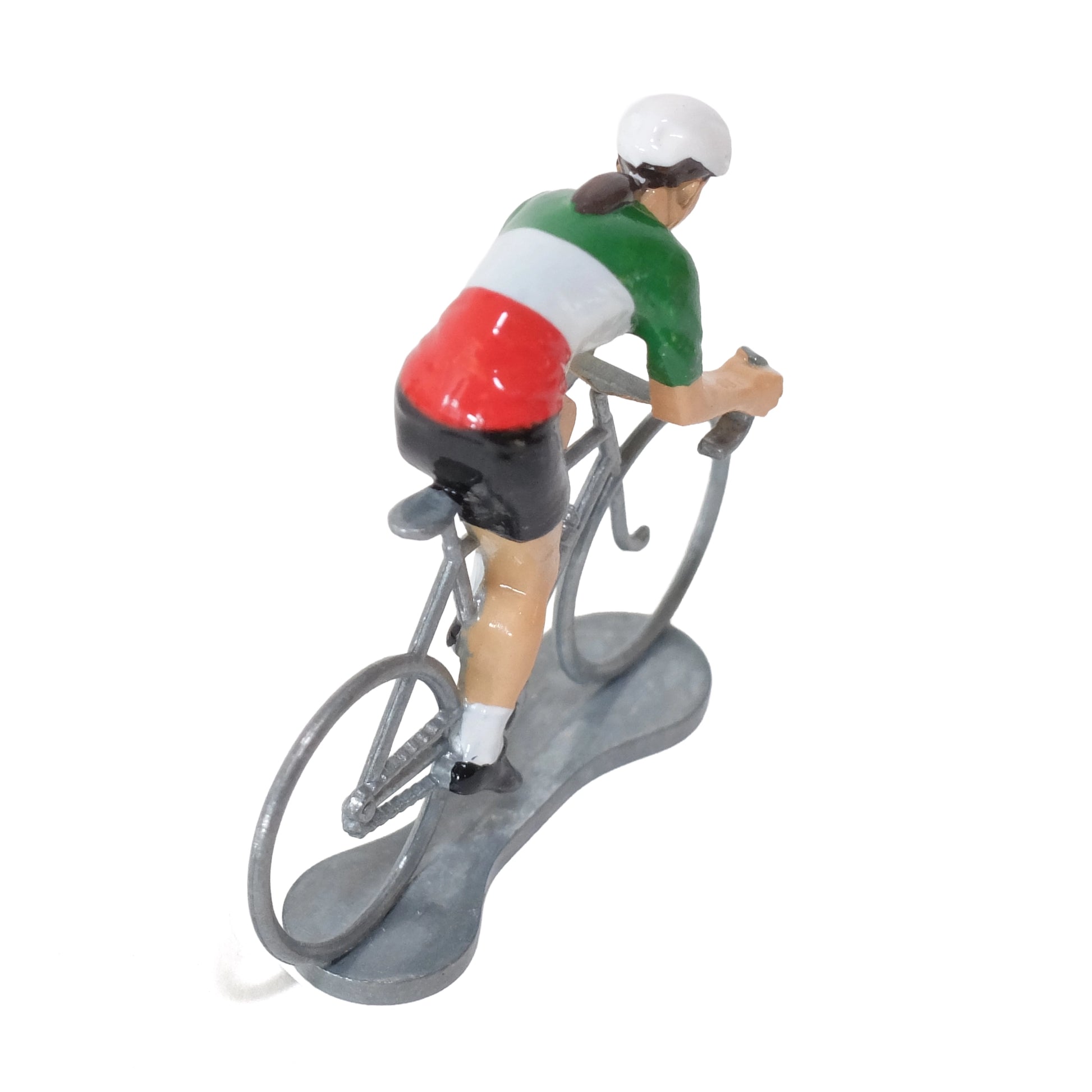 Miniature female cyclist in the Italian champion's jersey by Bernard & Eddy, seen from behind