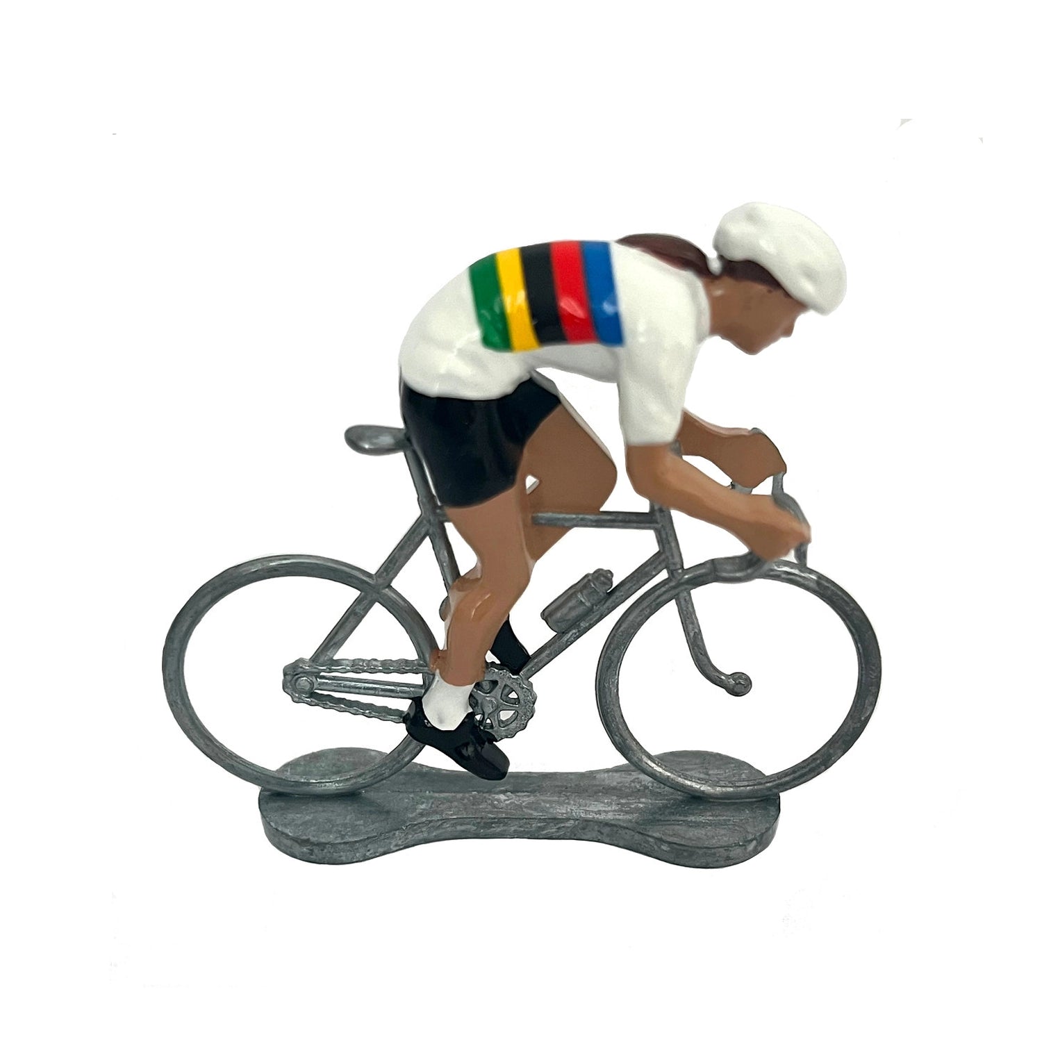 Miniatuur wielrenster in de regenboogtrui van Bernard & Eddy, van opzij