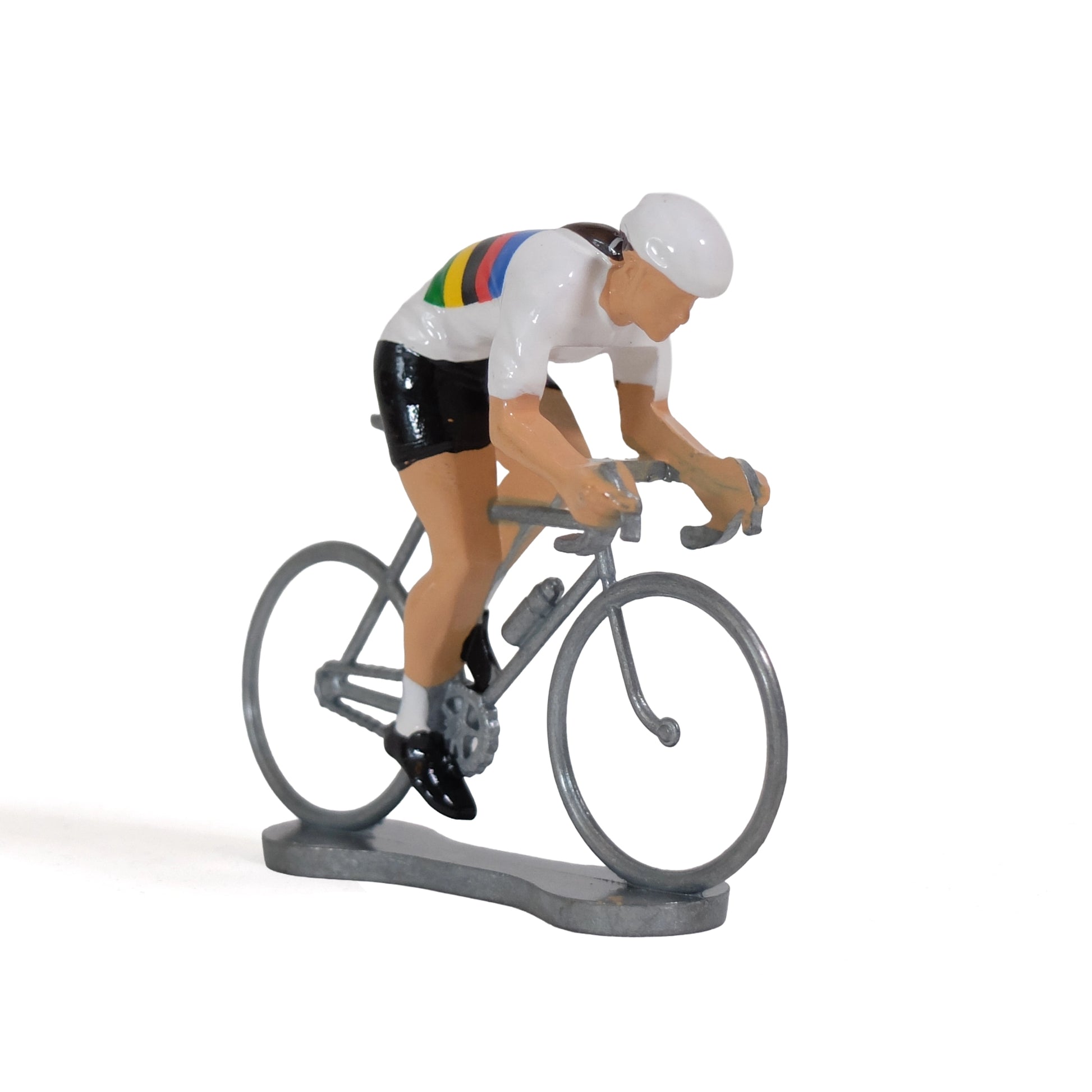 Miniatuur wielrenster in de regenboogtrui van Bernard & Eddy, schuin van voren