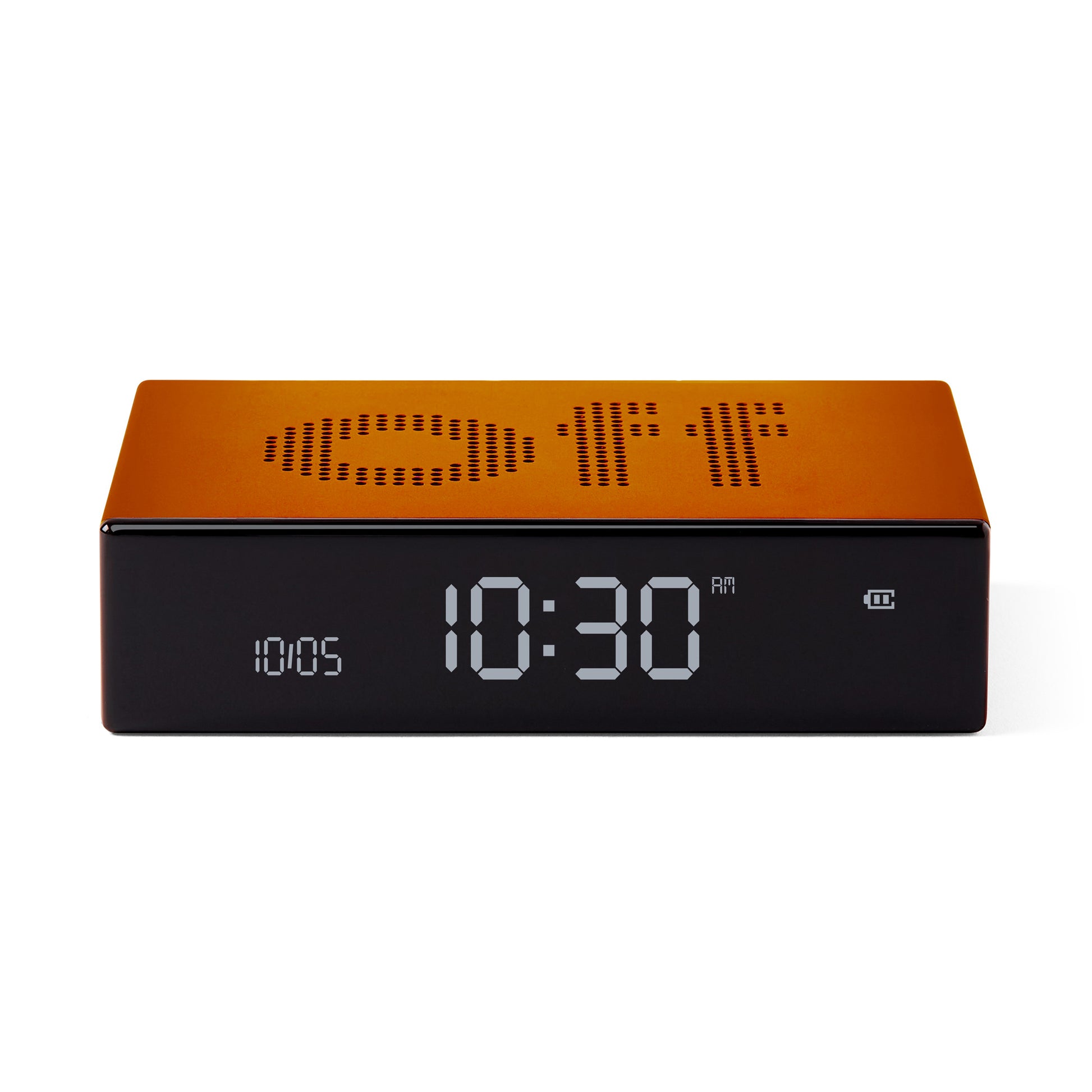 Lexon Flip Premium Wekker Oranje│Art. LR152O1│voorkant met Off-teken aan bovenzijde
