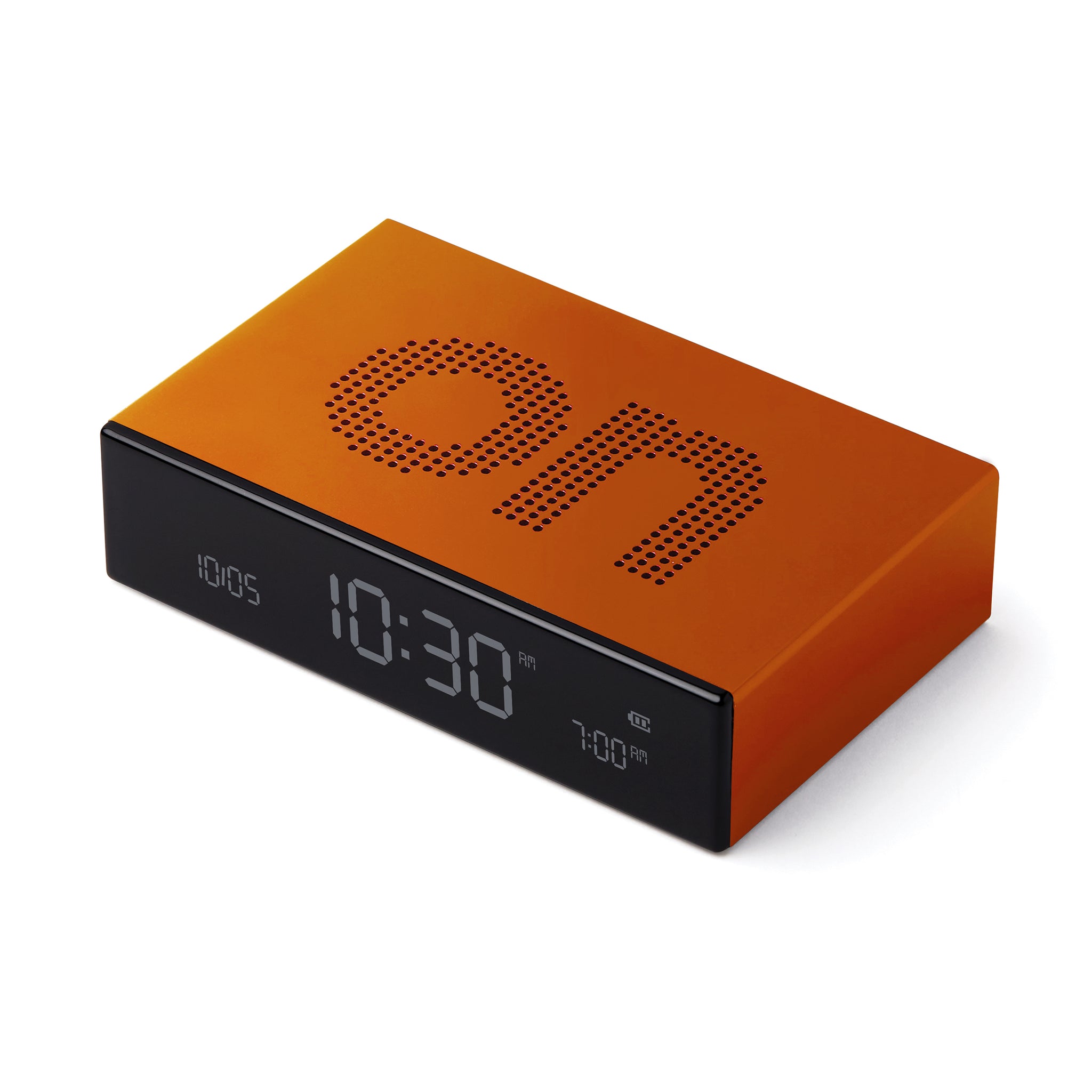 Lexon Flip Premium Wekker Oranje│Art. LR152O1│bovenkant schuin met On-teken aan bovenzijde