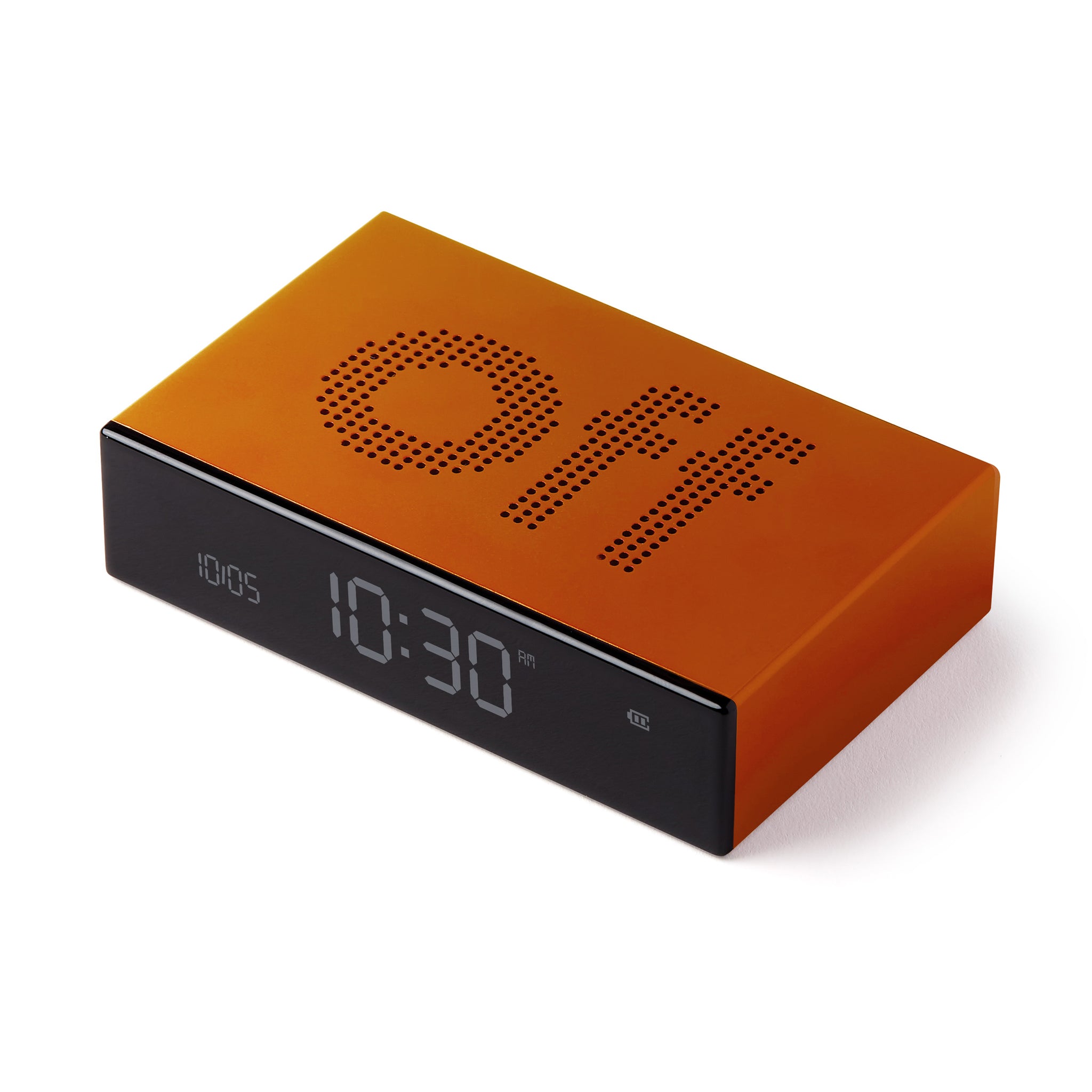 Lexon Flip Premium Wekker Oranje│Art. LR152O1│bovenkant schuin met Off-teken aan bovenzijde