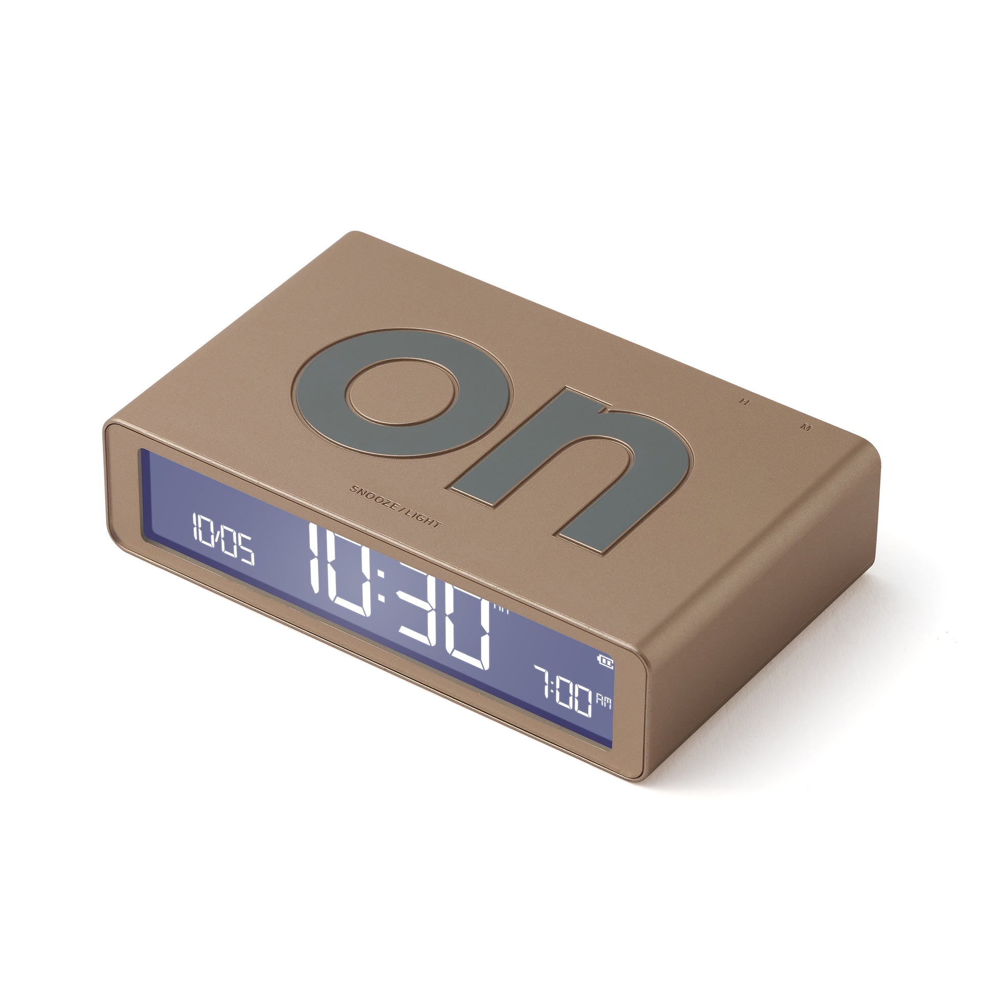 Lexon Flip Classic Wekker Digitaal Goud│art. LR157D1│bovenaanzicht schuin met ON-teken naar boven