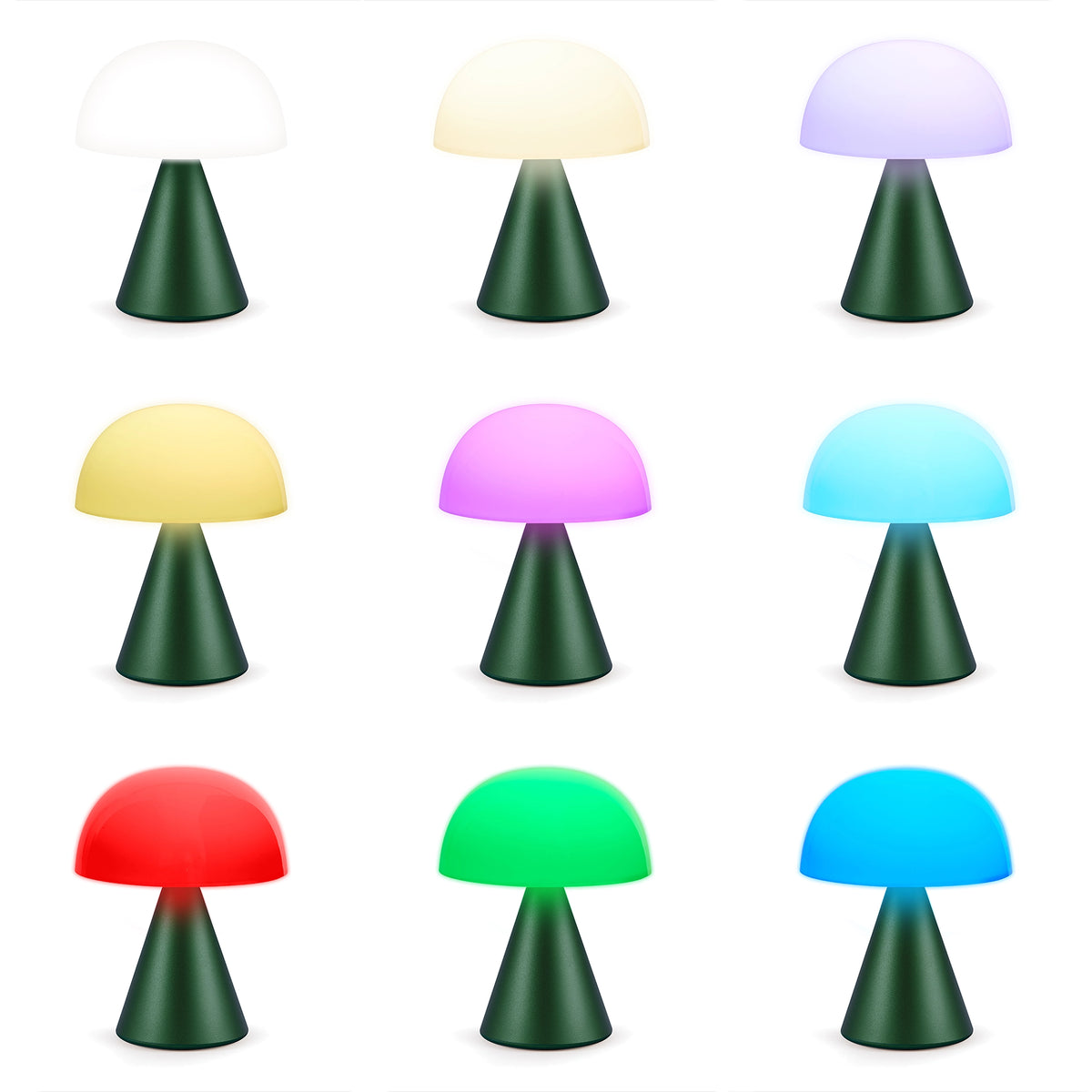 Lexon Mina Large in donkergroen met een overzicht van alle negen lichtkleuren