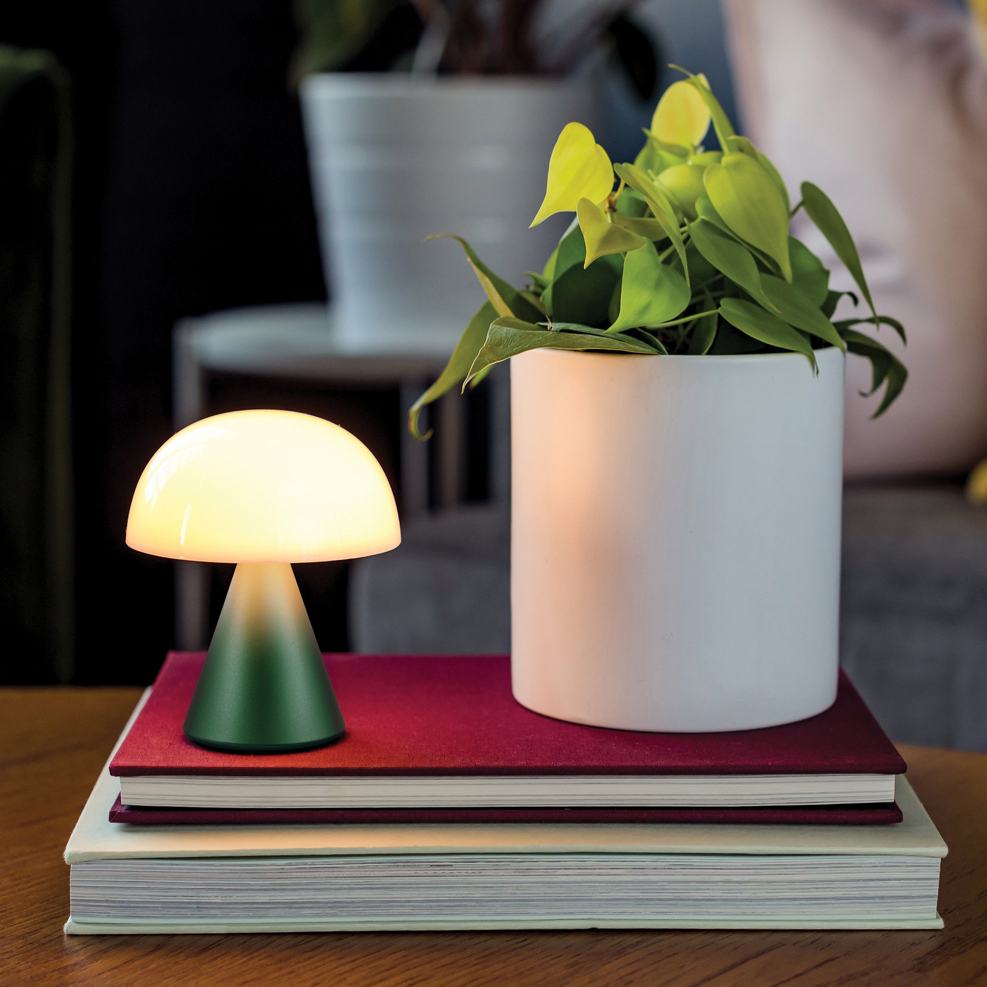 Lexon Mina Medium Donker Groen│Oplaadbare Led-Lamp│art. LH64DG1│op boeken naast plant