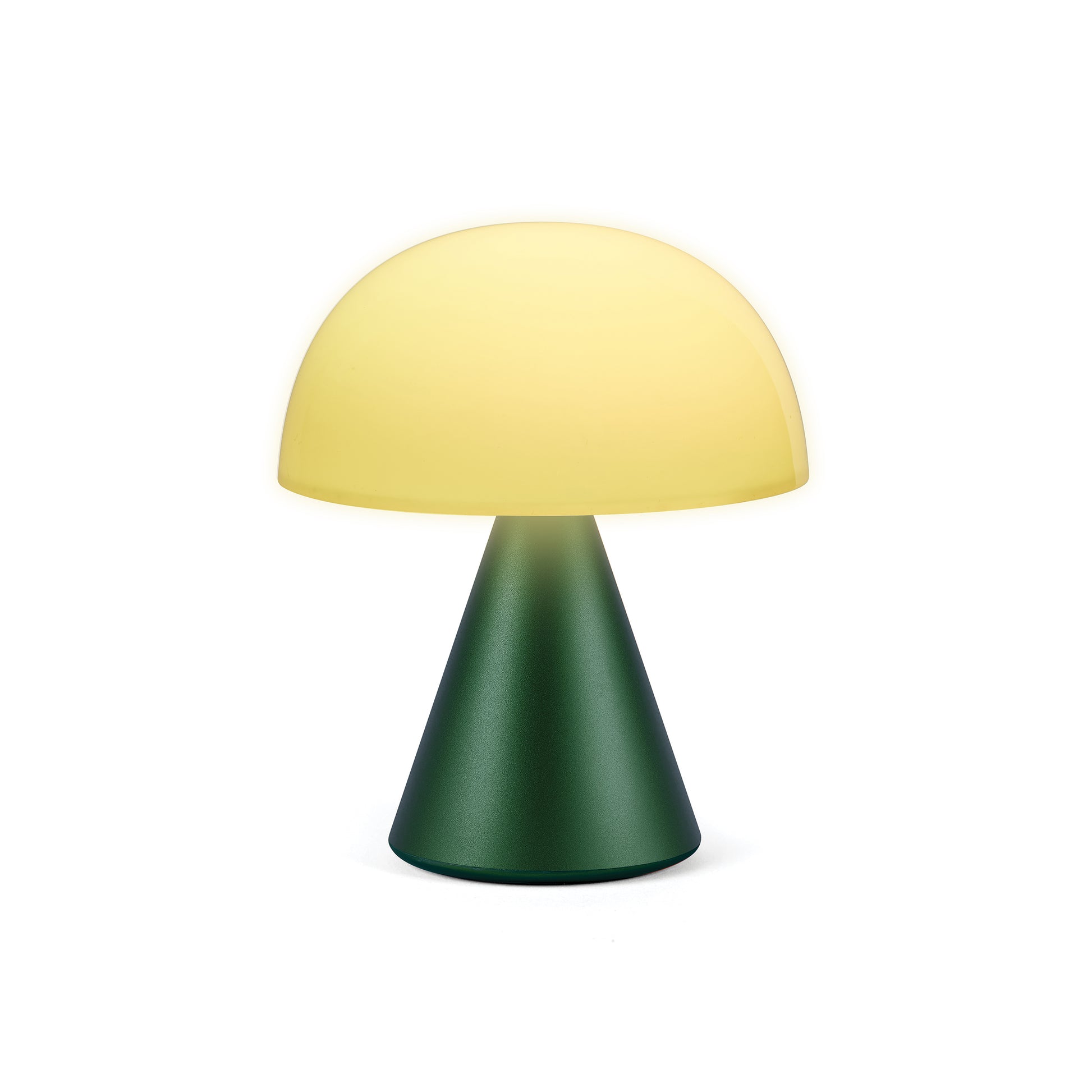 Lexon Mina Medium Donker Groen│Oplaadbare Led-Lamp│art. LH64DG1│vooraanzicht met geel licht aan