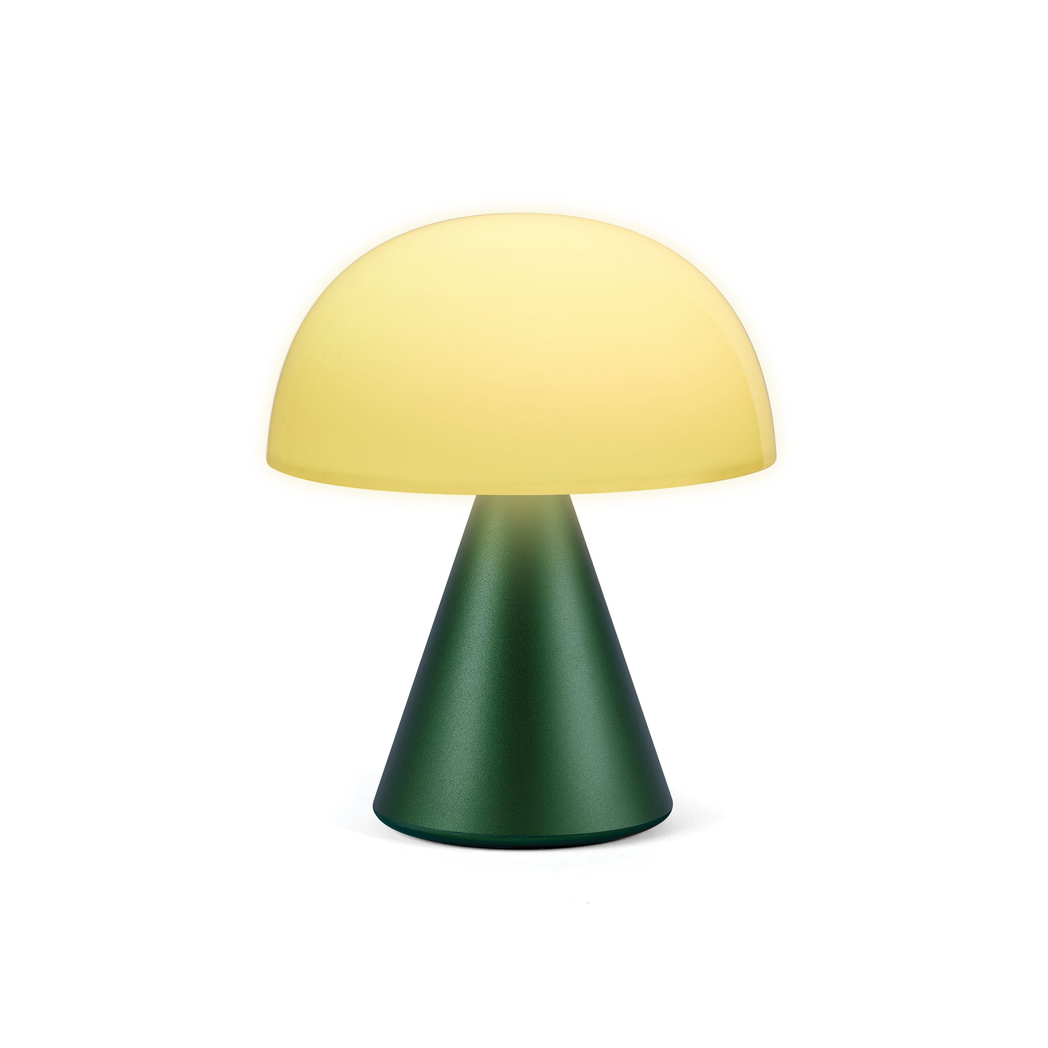 Lexon Mina Medium Donker Groen│Oplaadbare Led-Lamp│art. LH64DG1│vooraanzicht met geel licht aan