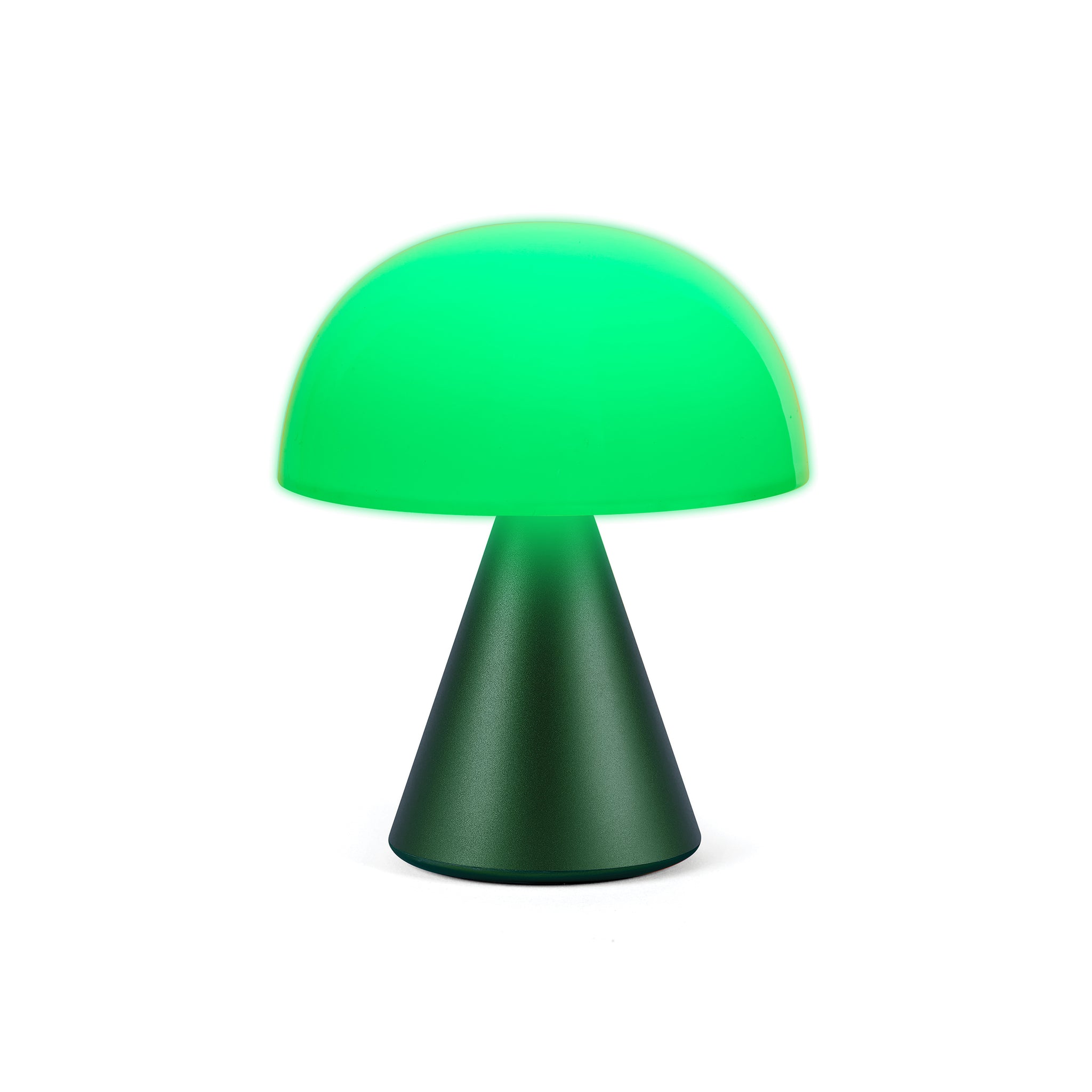 Lexon Mina Medium Donker Groen│Oplaadbare Led-Lamp│art. LH64DG1│vooraanzicht met groen licht aan