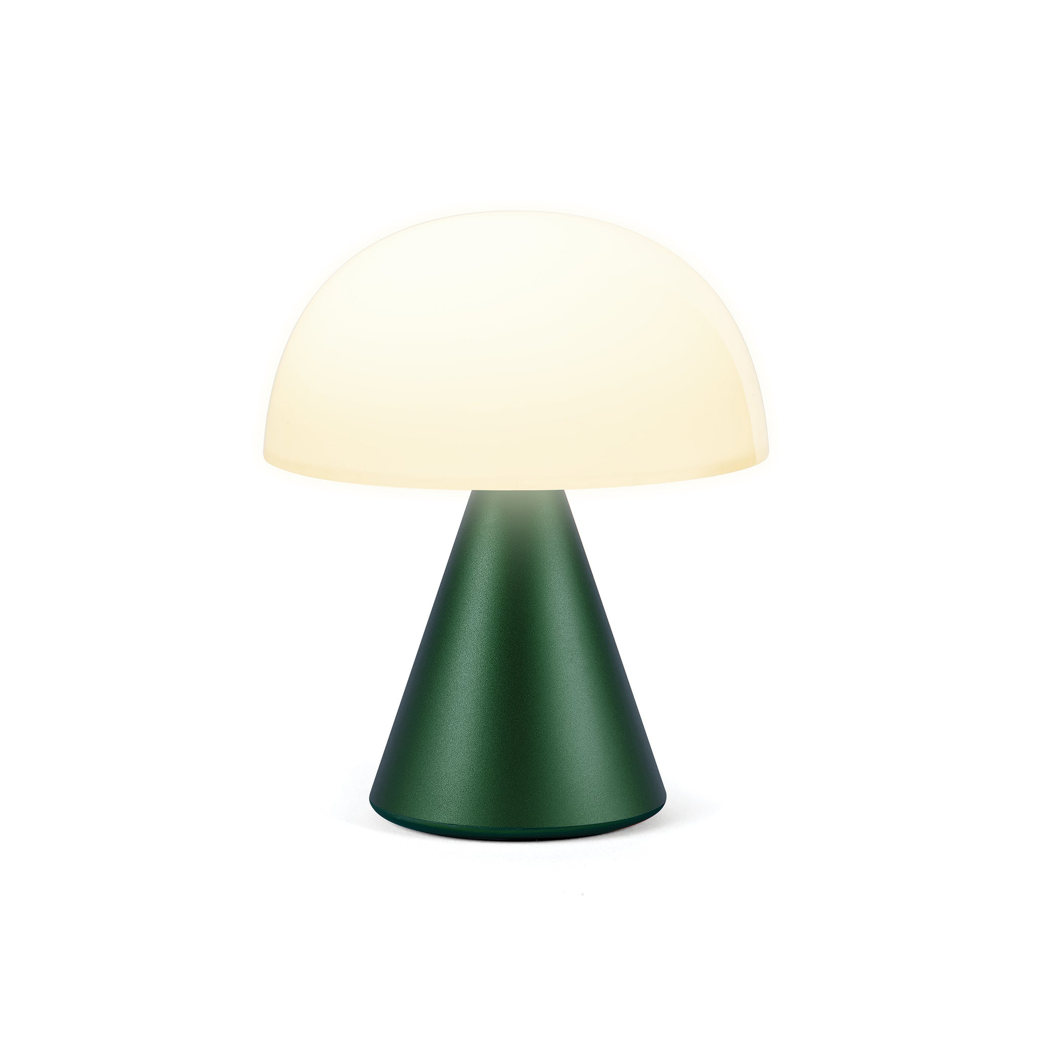 Lexon Mina Medium Donker Groen│Oplaadbare Led-Lamp│art. LH64DG1│vooraanzicht met warm licht aan